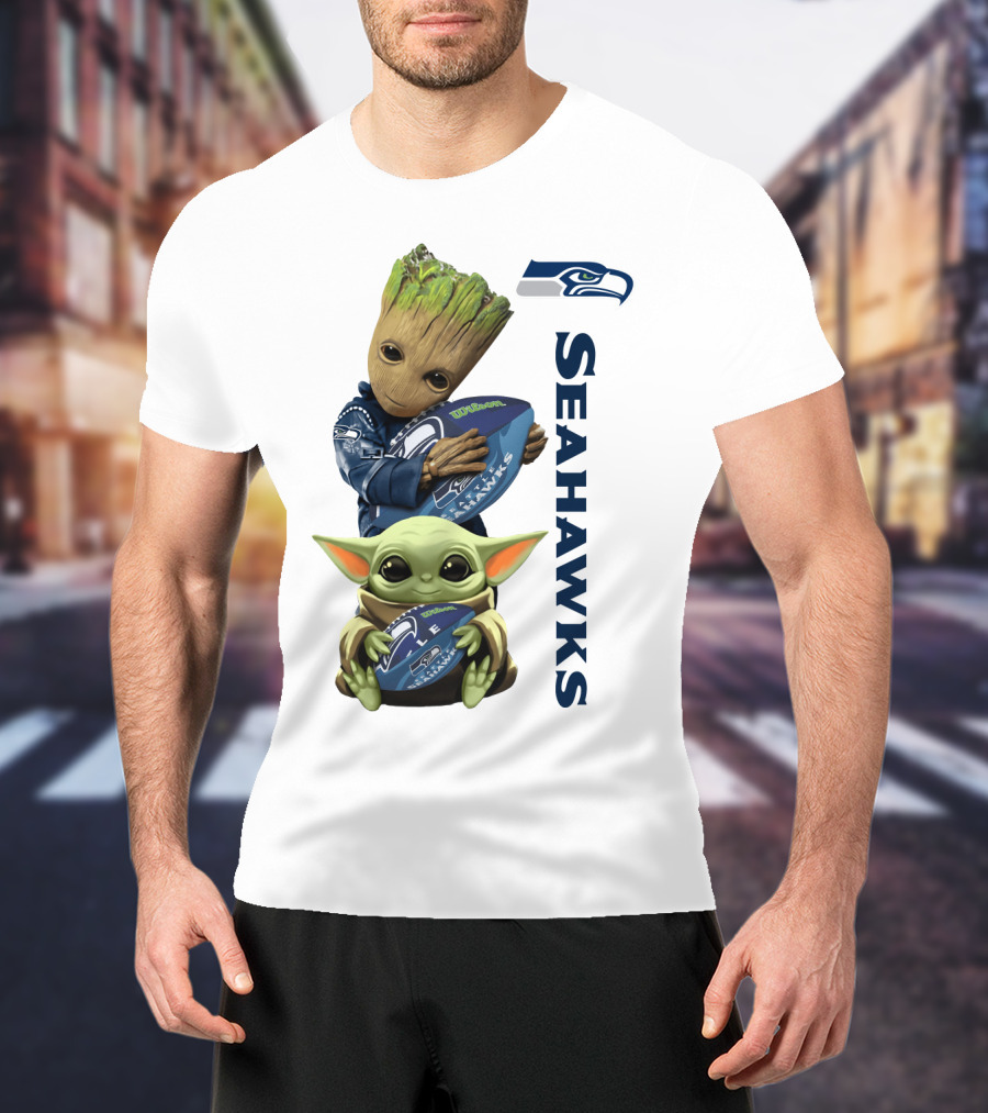 Baby Groot And Baby Yoda Hugging Seahawks Football T-Shirt