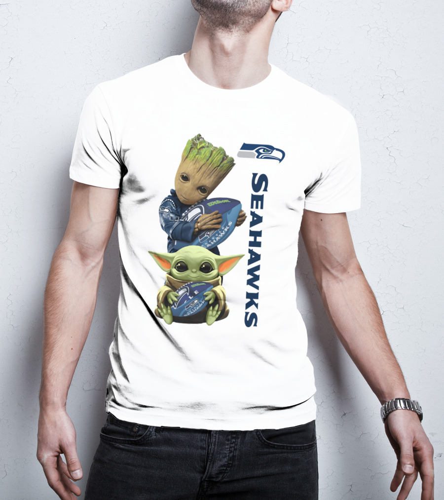 Baby Groot And Baby Yoda Hugging Seahawks Football T-Shirt