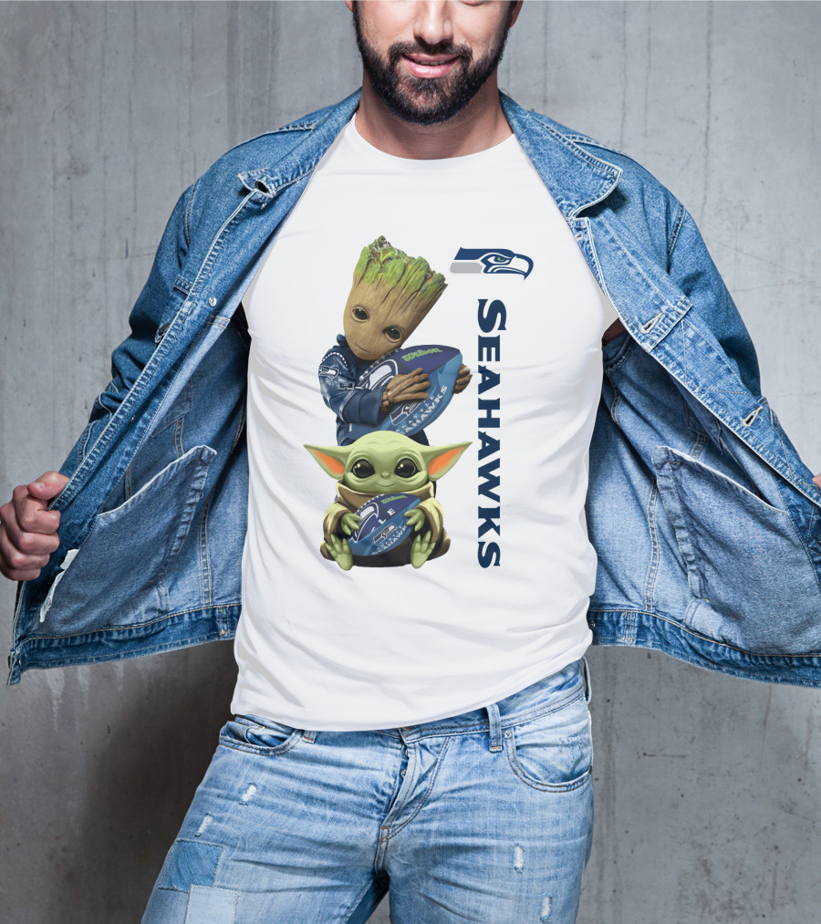 Baby Groot And Baby Yoda Hugging Seahawks Football T-Shirt