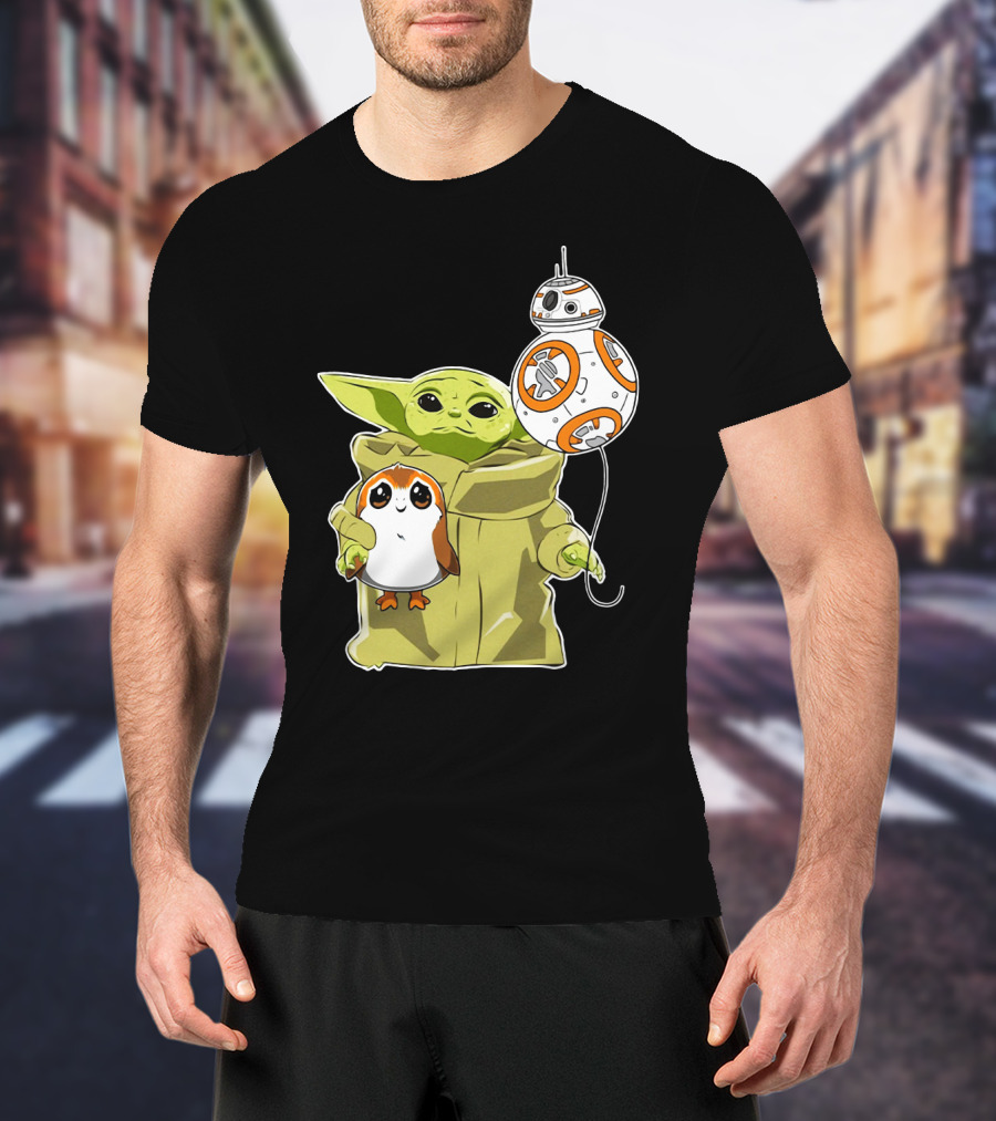 Baby Yoda Hug Sad Porg With BB-8 Balloon T-Shirt