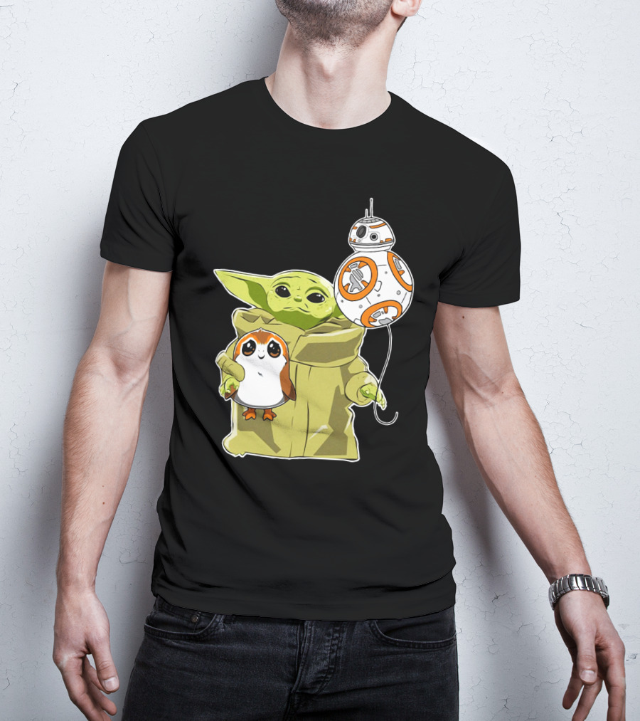 Baby Yoda Hug Sad Porg With BB-8 Balloon T-Shirt