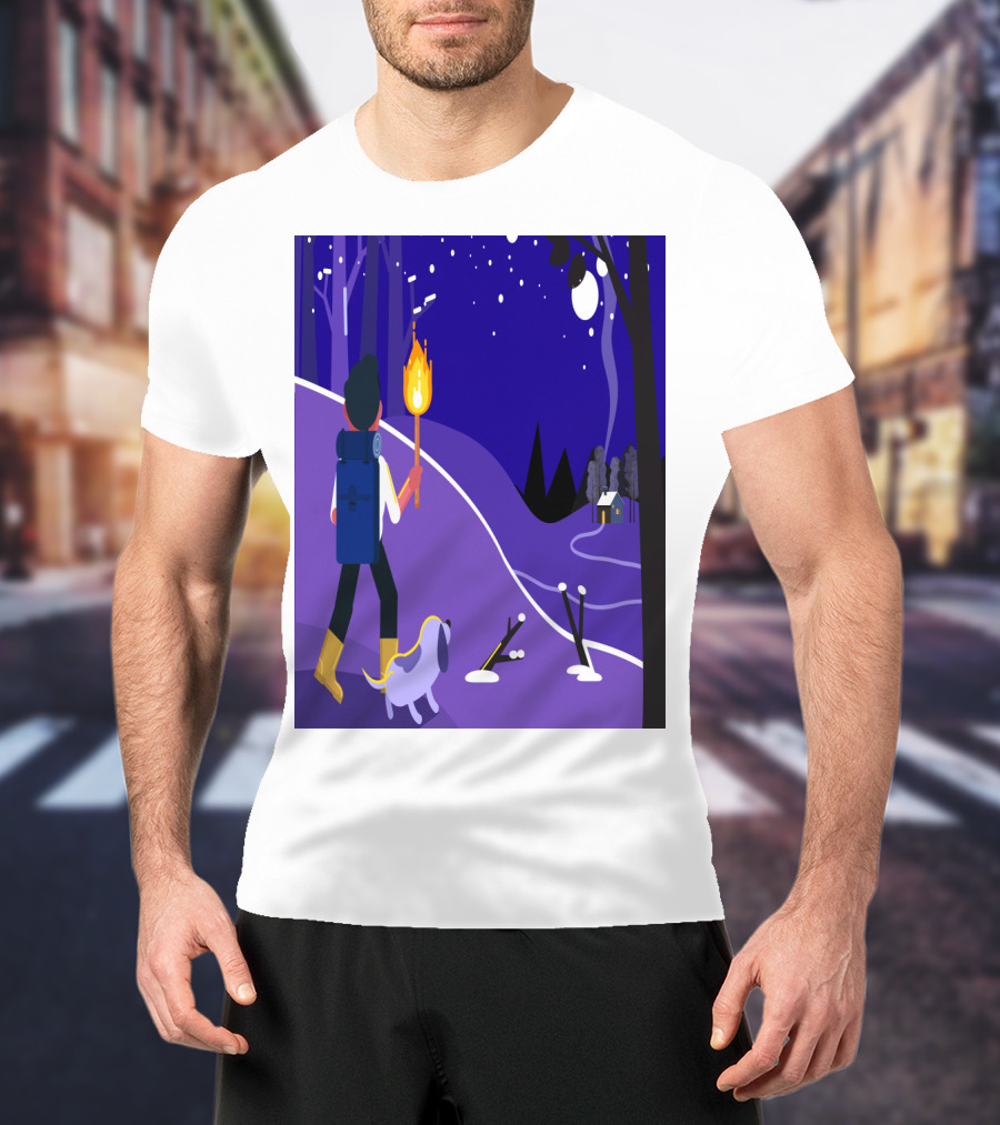 Nighttime Hiker With Backpack And Dog Under Moonlit Sky T-Shirt