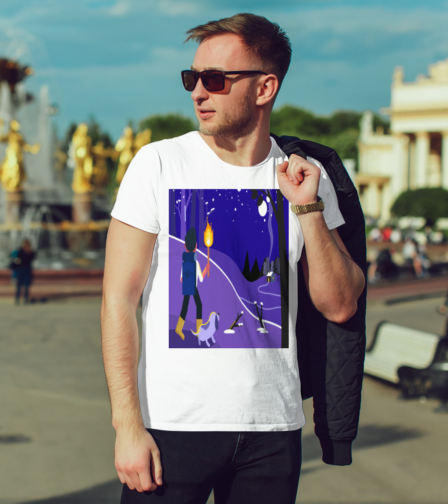 Nighttime Hiker With Backpack And Dog Under Moonlit Sky T-Shirt