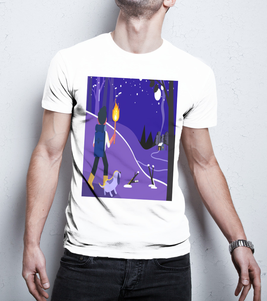 Nighttime Hiker With Backpack And Dog Under Moonlit Sky T-Shirt