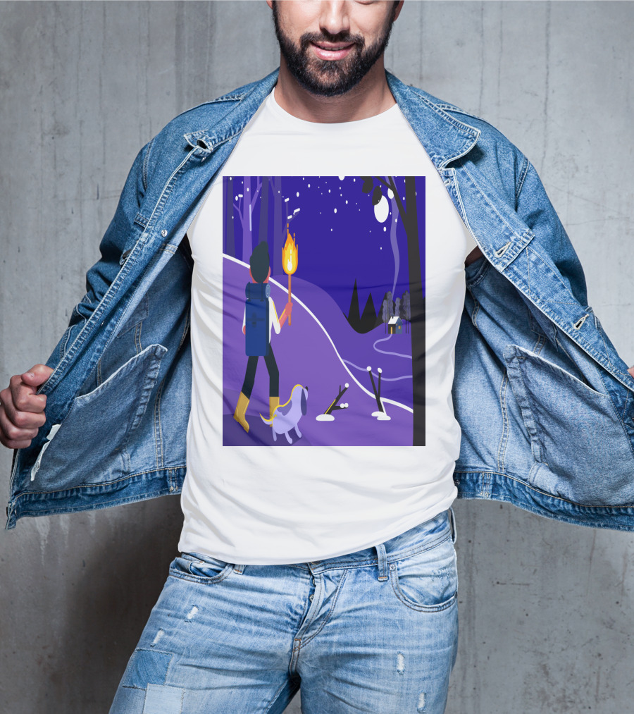 Nighttime Hiker With Backpack And Dog Under Moonlit Sky T-Shirt