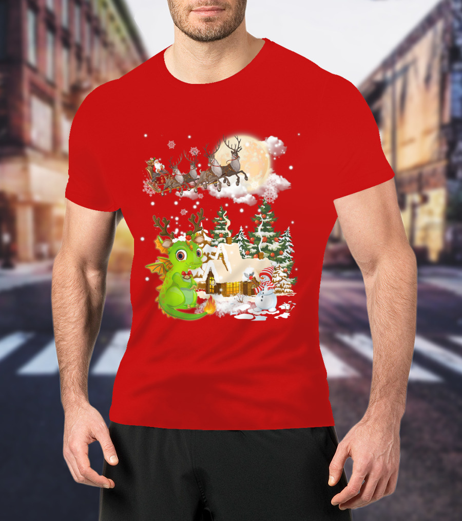 Santa's Sleigh Ride Over Snowy Village With Festive Dragon T-Shirt