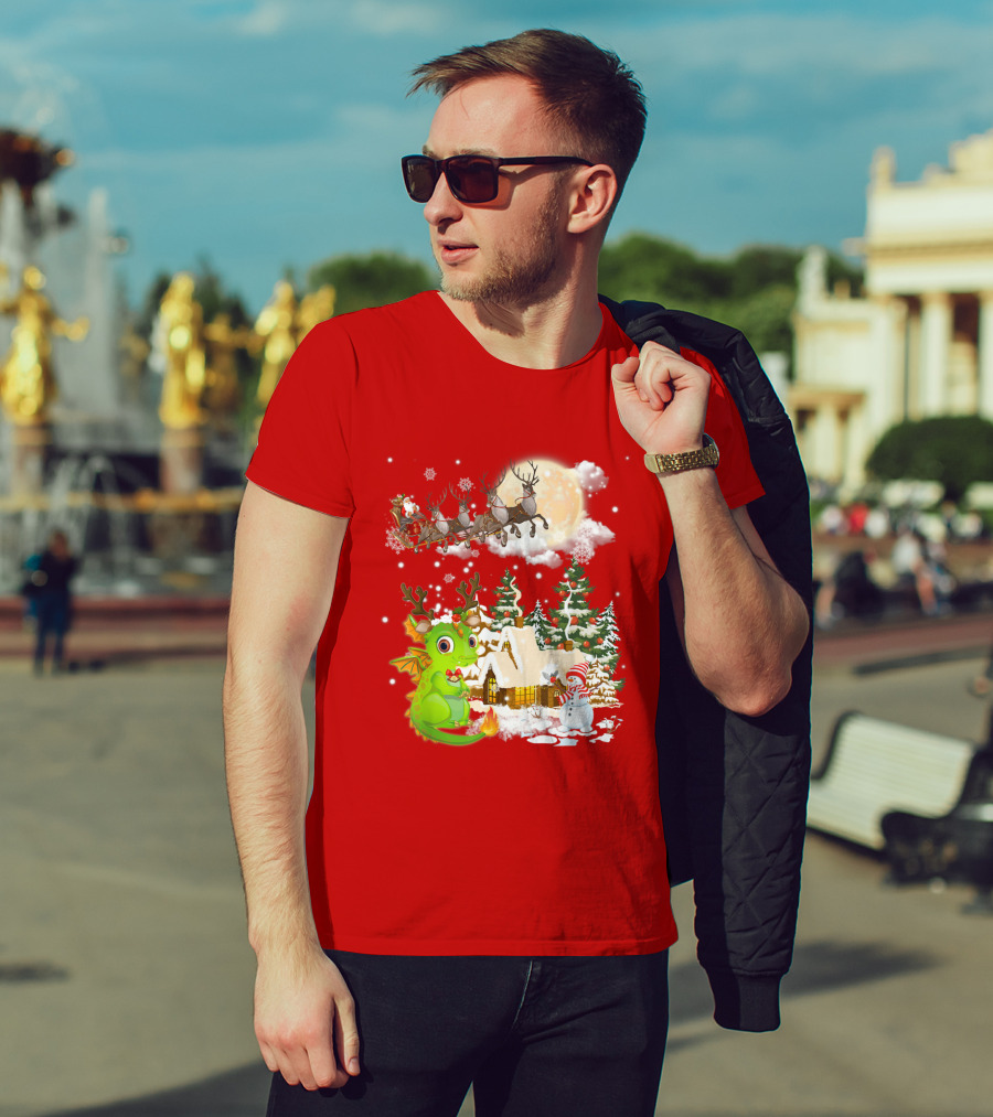 Santa's Sleigh Ride Over Snowy Village With Festive Dragon T-Shirt