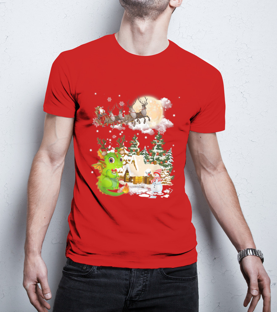 Santa's Sleigh Ride Over Snowy Village With Festive Dragon T-Shirt