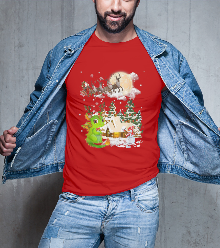 Santa's Sleigh Ride Over Snowy Village With Festive Dragon T-Shirt
