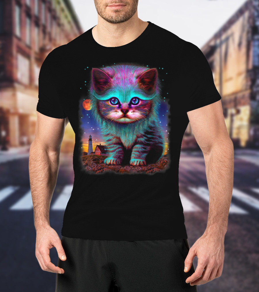 Alien Cat Fantasy Galaxy In Colorful Space With Cute Kitten And Lighthouse Moon Stars T-Shirt