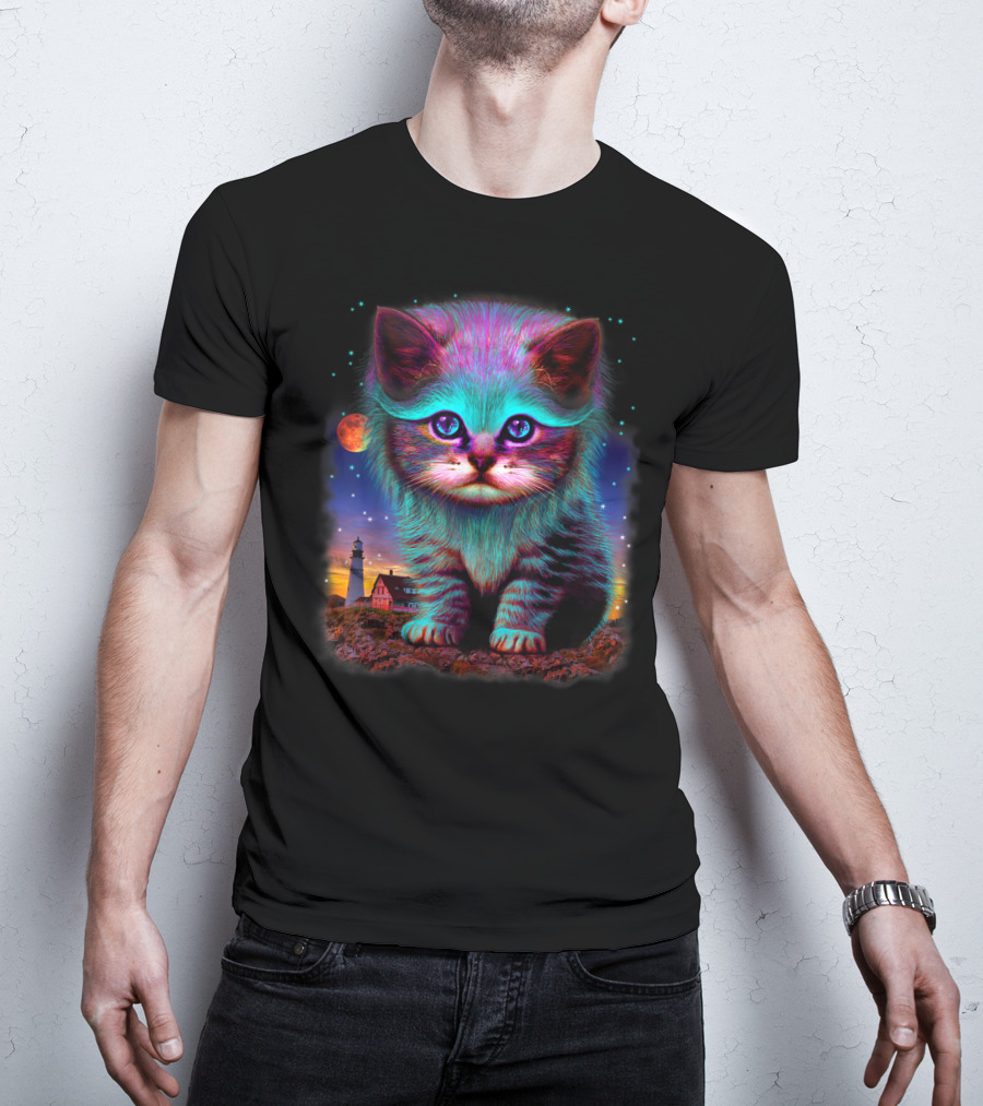 Alien Cat Fantasy Galaxy In Colorful Space With Cute Kitten And Lighthouse Moon Stars T-Shirt
