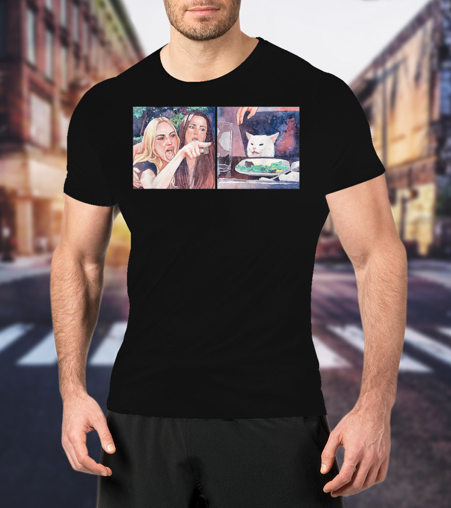 Angry Women Pointing At Indifferent Cat Sitting At Dining Table T-Shirt