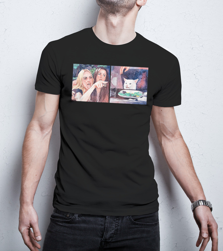 Angry Women Pointing At Indifferent Cat Sitting At Dining Table T-Shirt