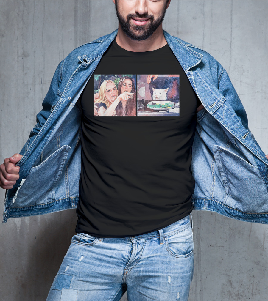 Angry Women Pointing At Indifferent Cat Sitting At Dining Table T-Shirt
