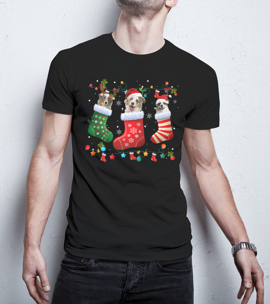Australian Shepherd Dog Christmas Stocking Santa Hat Reindeer Antlers Snowflakes T-Shirt