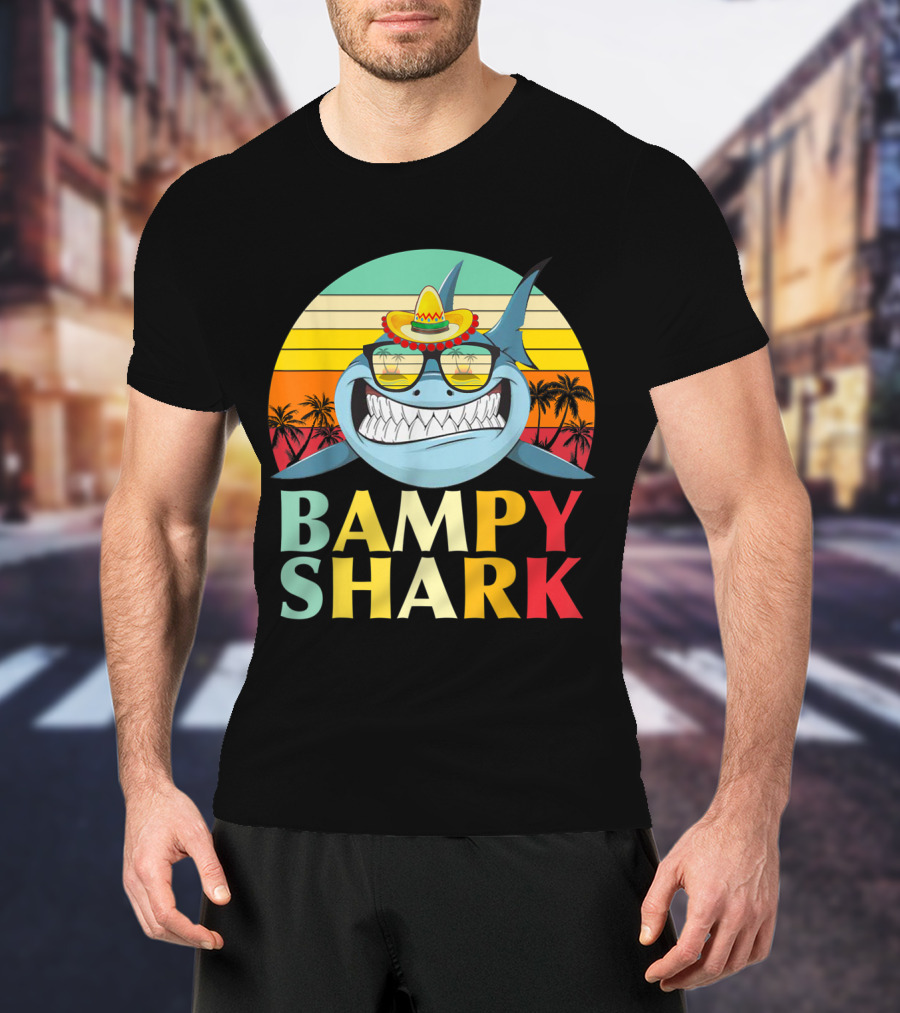 Bampy Shark Grandad From Grandchildren Shark With Sombrero And Sunglasses T-Shirt
