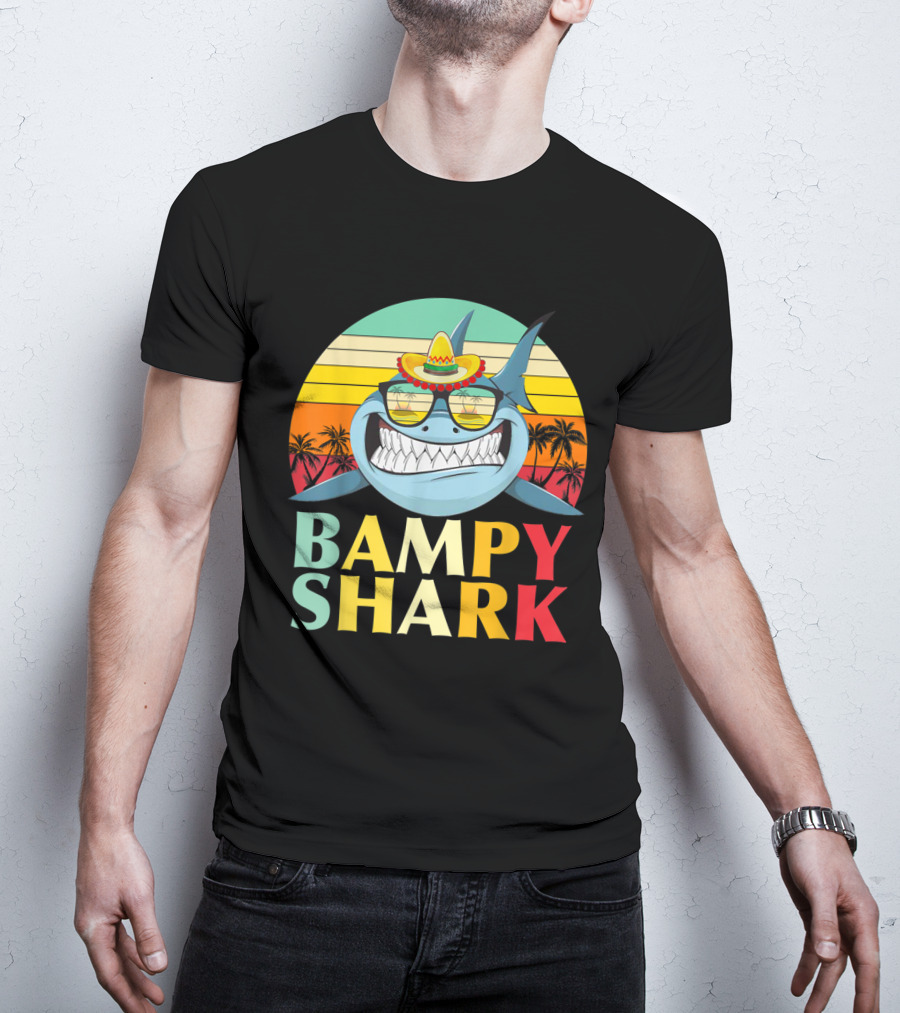 Bampy Shark Grandad From Grandchildren Shark With Sombrero And Sunglasses T-Shirt