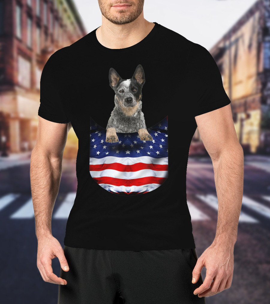 Australian Cattle Dog Pocket Funny American Flag Dog T-Shirt