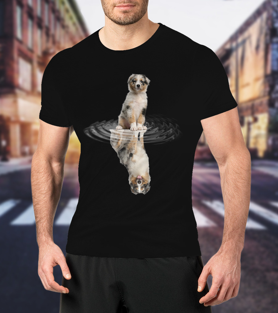 Australian Shepherd Puppy Reflection In Water Ripple T-Shirt