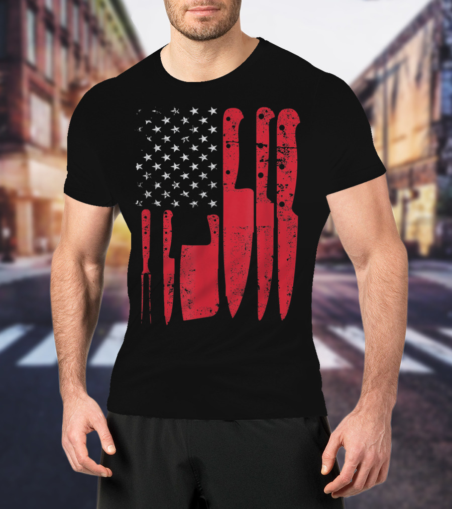American Flag Stars Butcher Knife Set Vintage Look T-Shirt