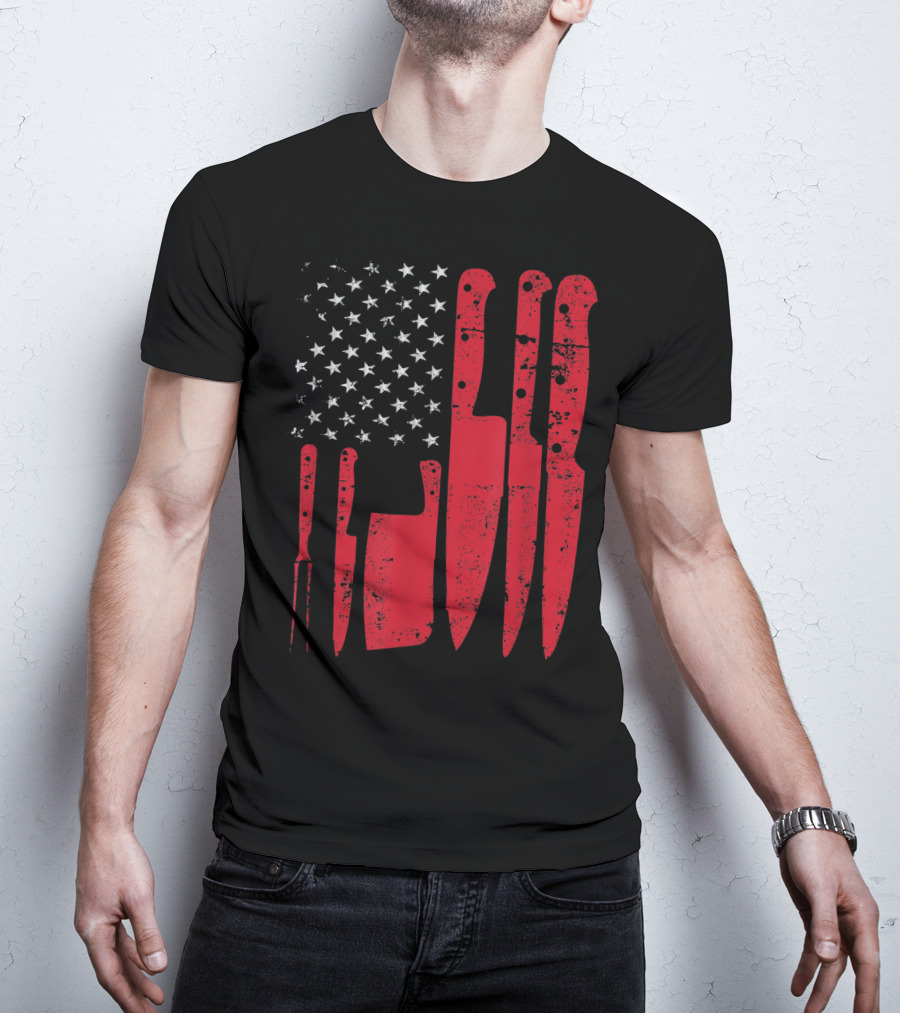 American Flag Stars Butcher Knife Set Vintage Look T-Shirt