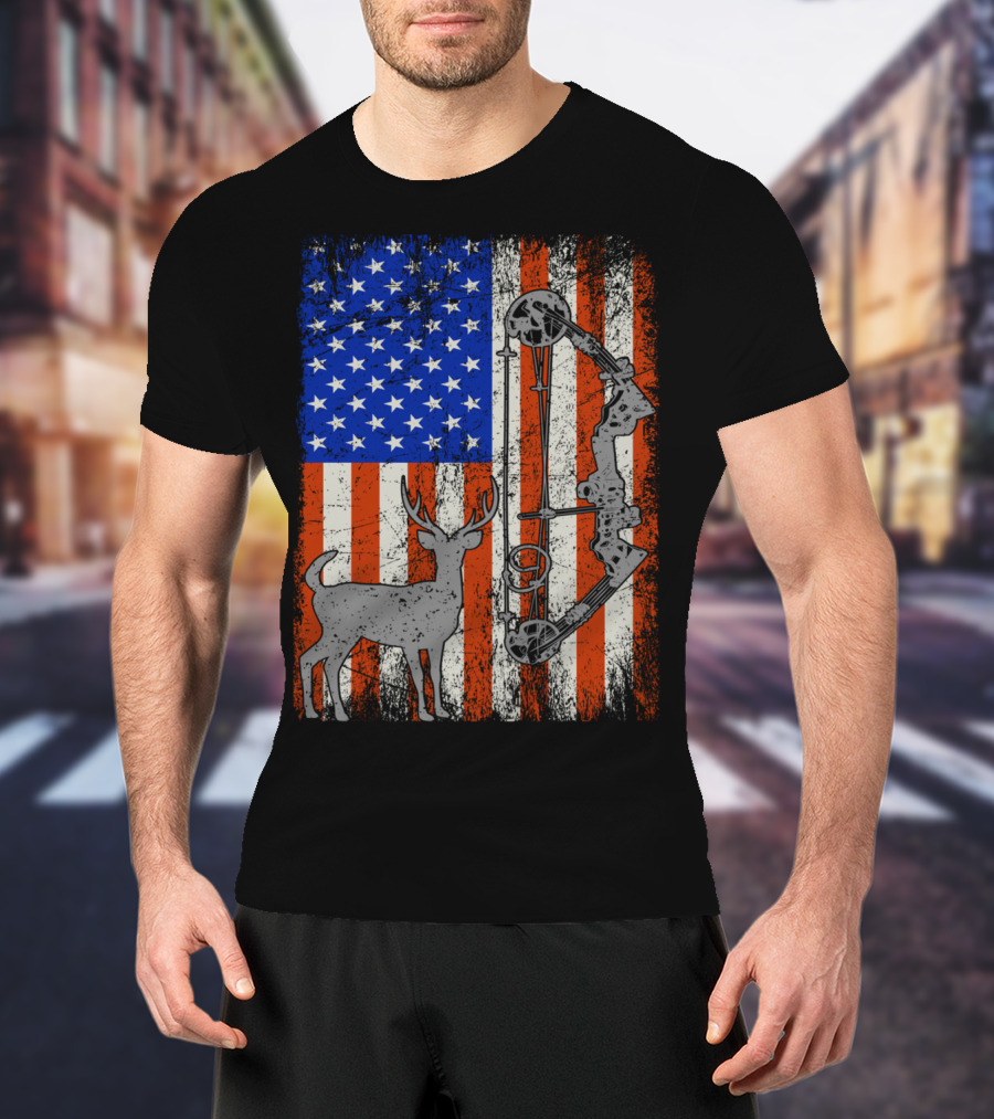 American Flag Deer Bow Hunter Hunting T-Shirt