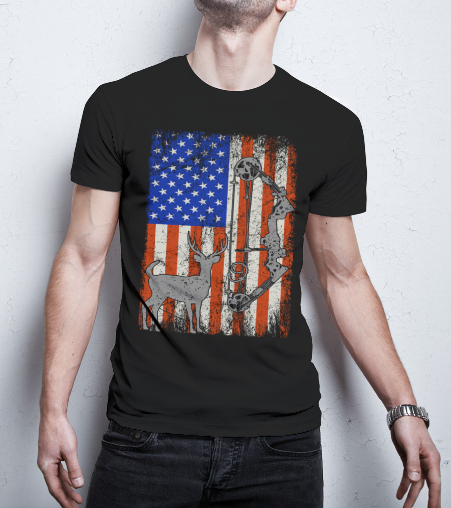 American Flag Deer Bow Hunter Hunting T-Shirt