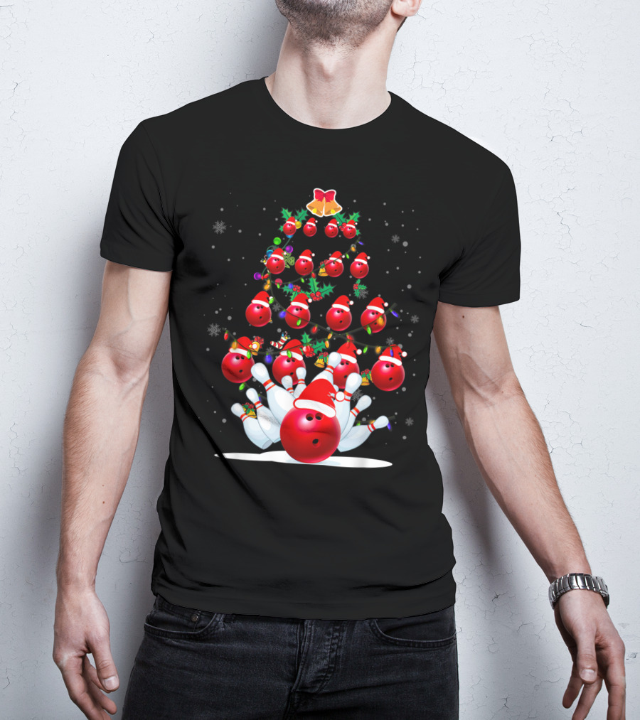 Bowling Ball Christmas Tree With Santa Hats And Snowflakes T-Shirt