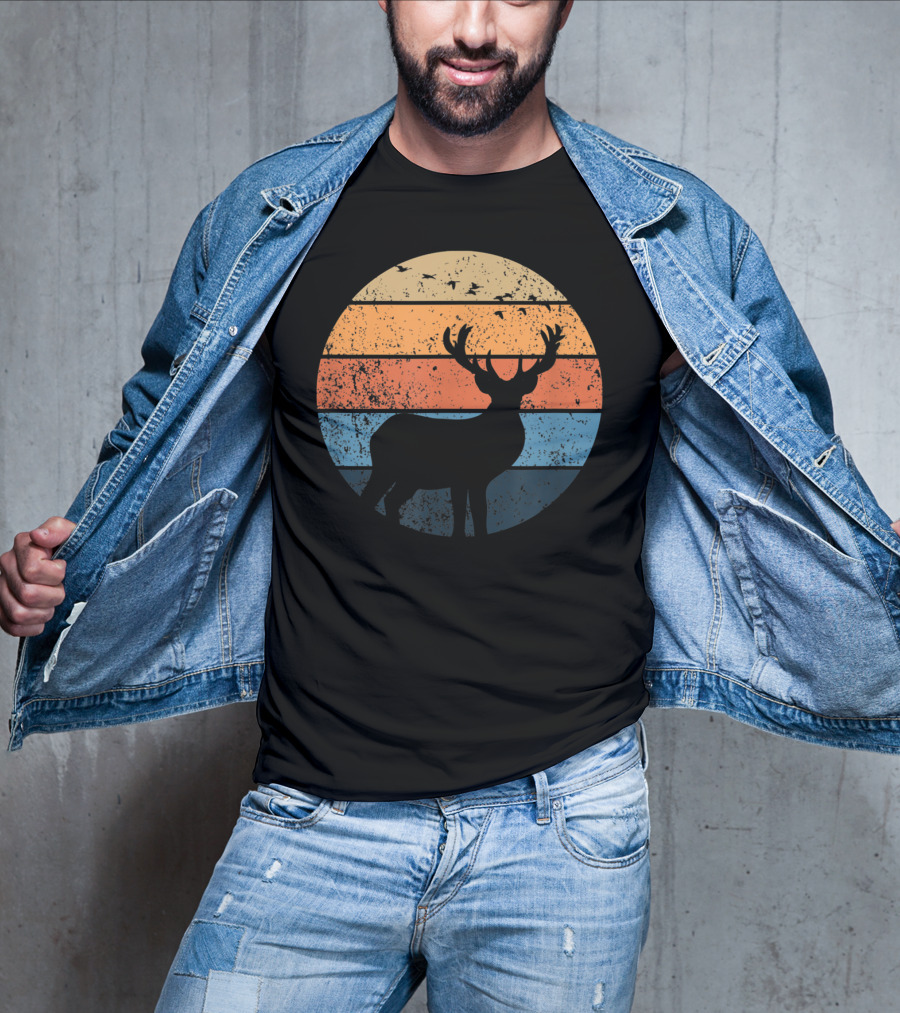 Deer Silhouette Retro Sunset With Flying Birds T-Shirt