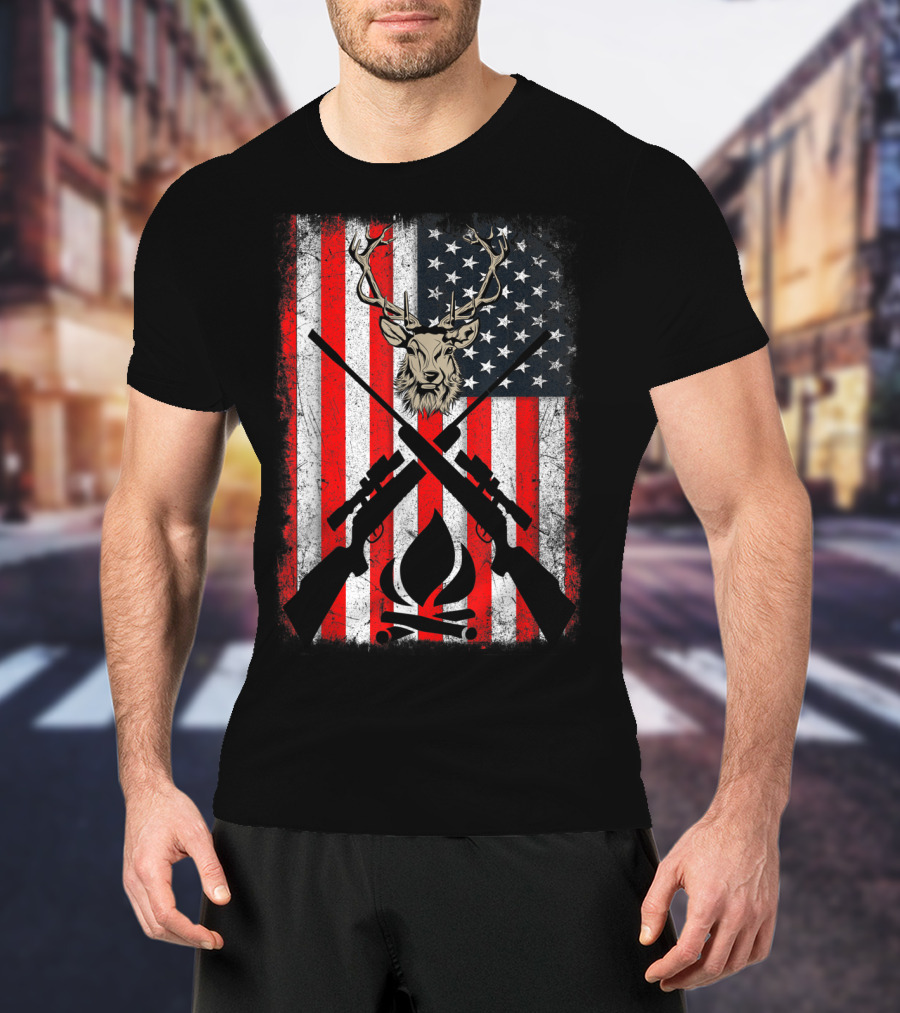 Patriotic Deer Hunting With American Flag And Rifles T-Shirt