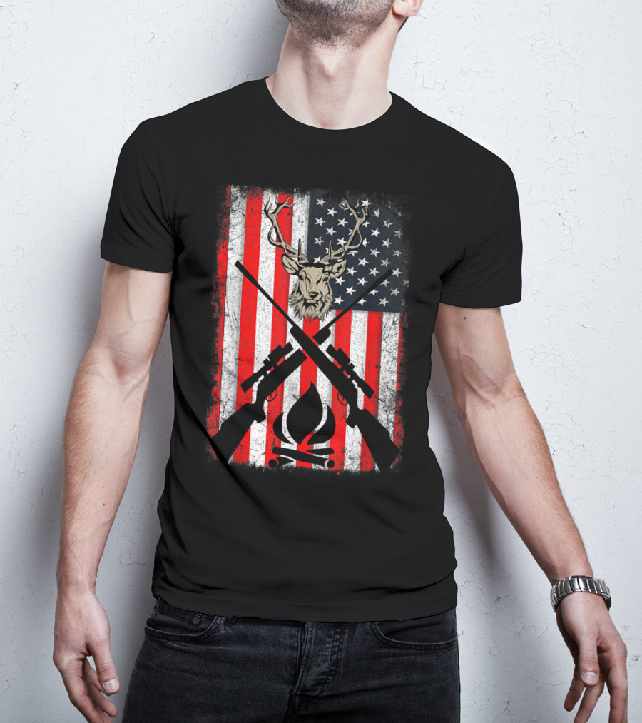 Patriotic Deer Hunting With American Flag And Rifles T-Shirt