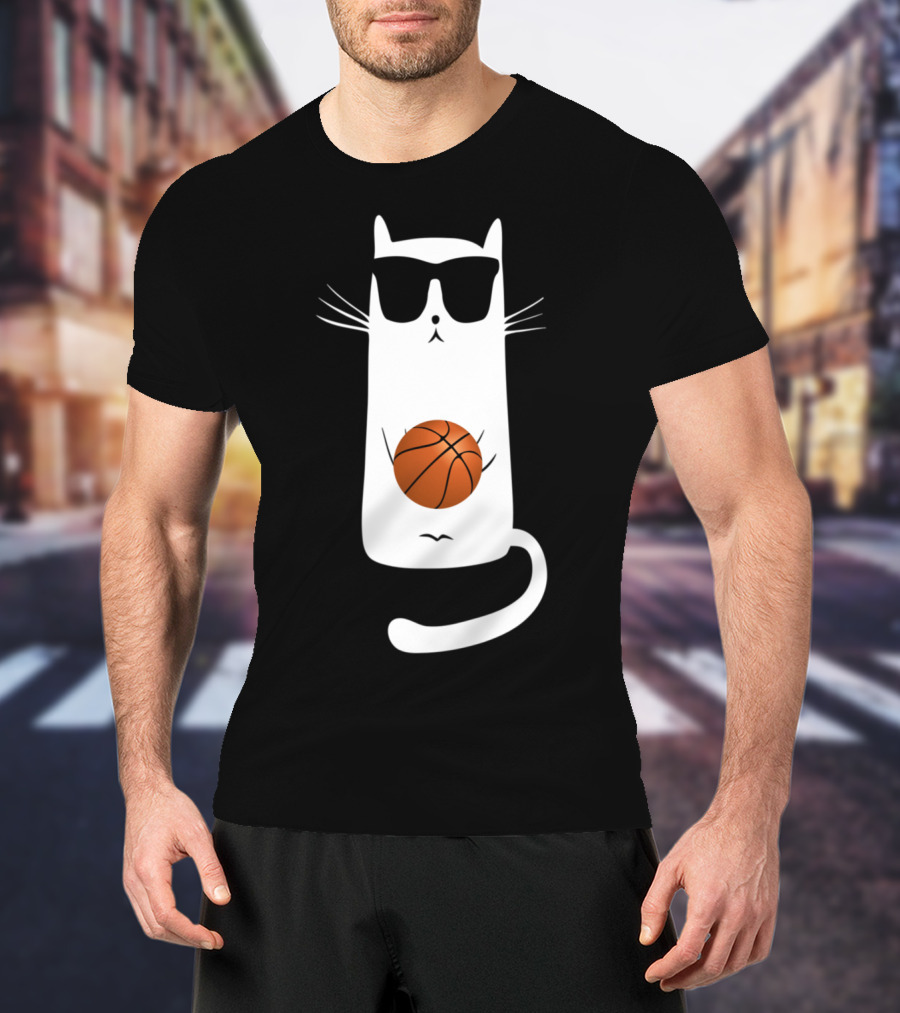Humorous Sunglass-Wearing Cat With Basketball In Whimsical Pose T-Shirt