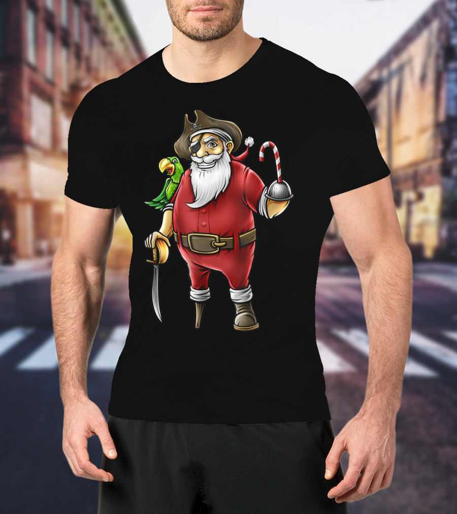 Funny Christmas Pirate Santa With Candy Cane Hook Hand And Parrot T-Shirt