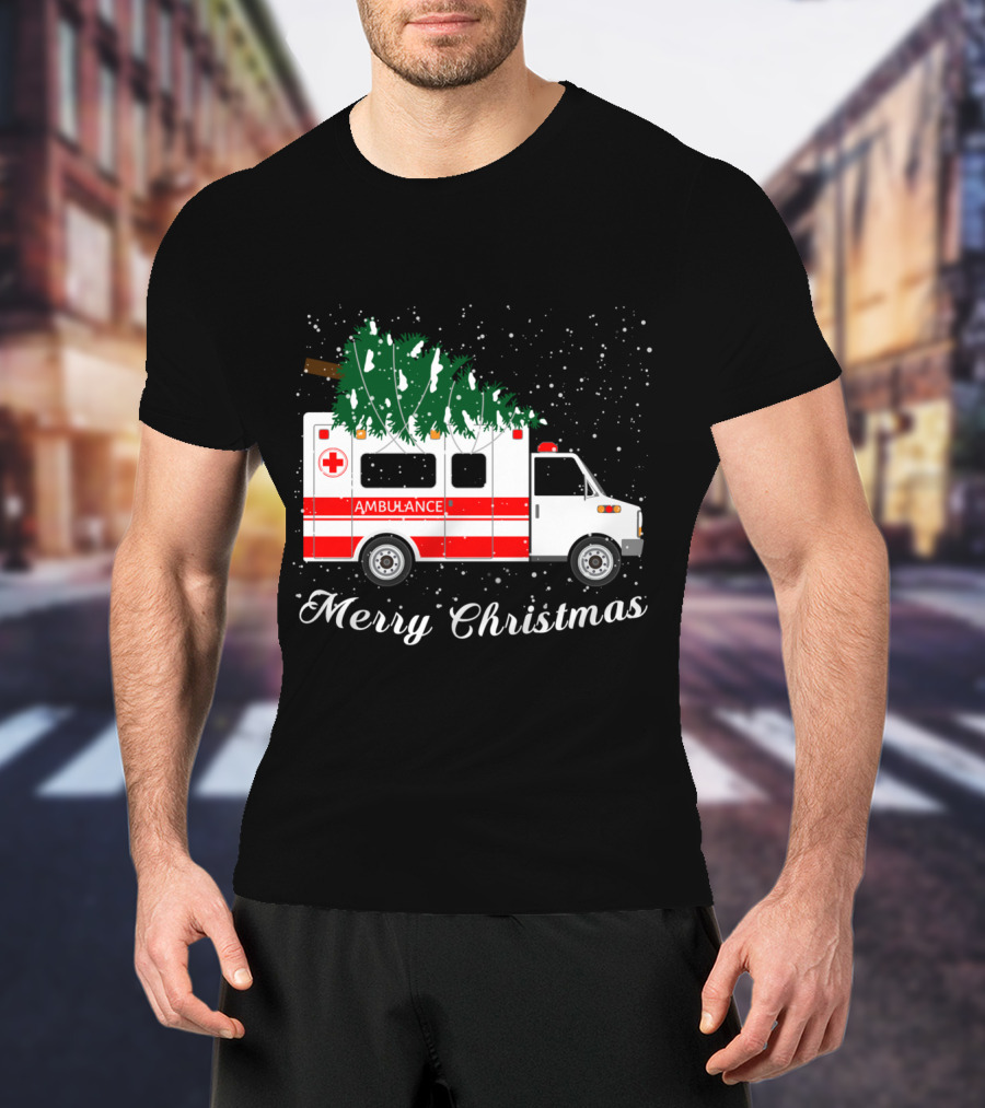 Merry Christmas Ambulance Carrying Christmas Tree In Snowfall T-Shirt