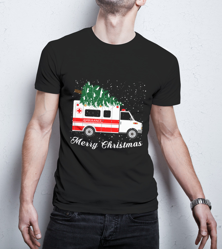Merry Christmas Ambulance Carrying Christmas Tree In Snowfall T-Shirt