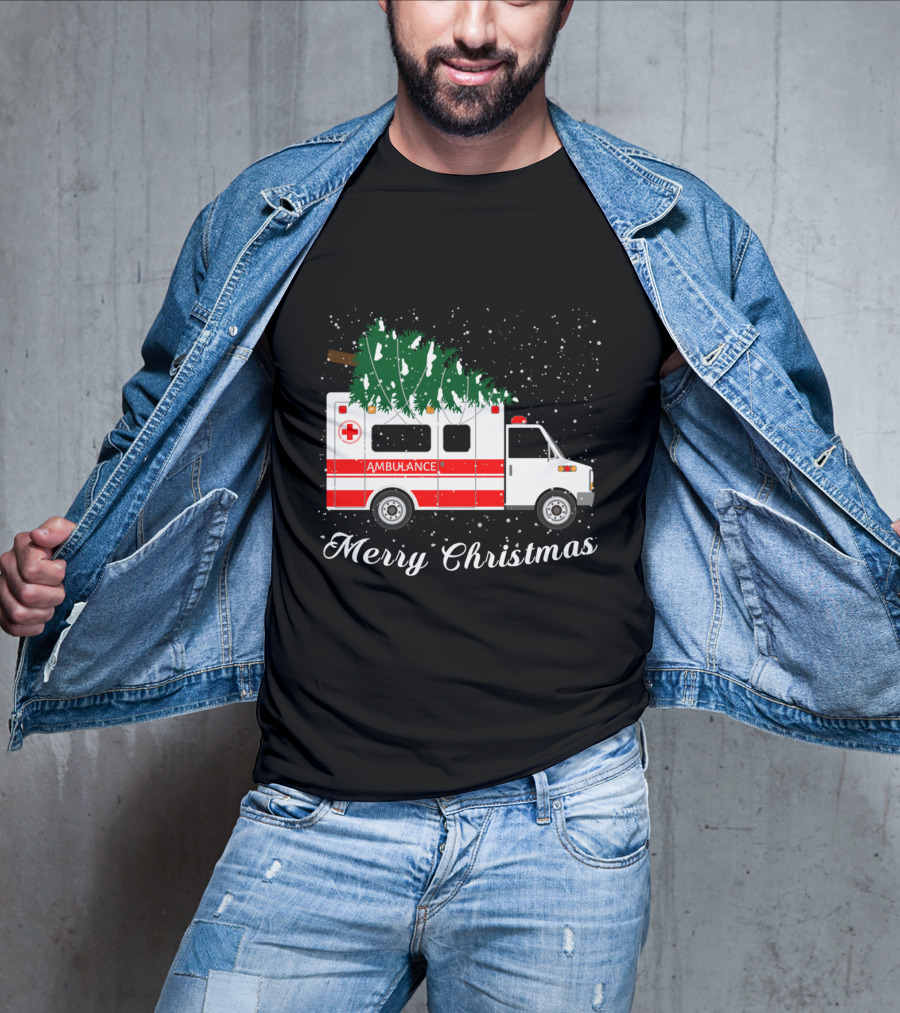 Merry Christmas Ambulance Carrying Christmas Tree In Snowfall T-Shirt