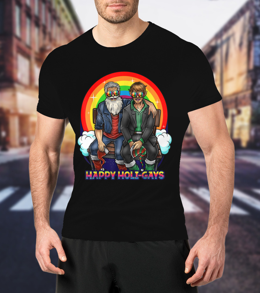Happy Holi-Gays Funny Rainbow Santa And Elf Christmas T-Shirt