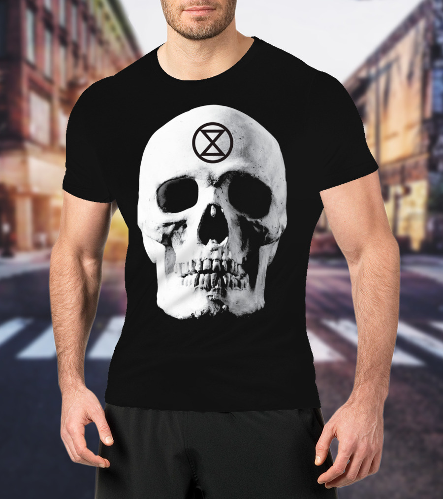 Extinction Rebellion Skull With Hourglass Symbol In Deadly Warning T-Shirt