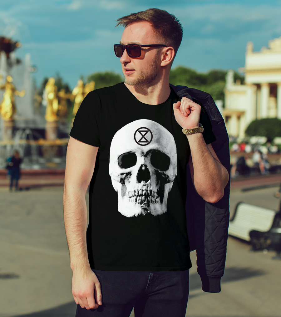 Extinction Rebellion Skull With Hourglass Symbol In Deadly Warning T-Shirt