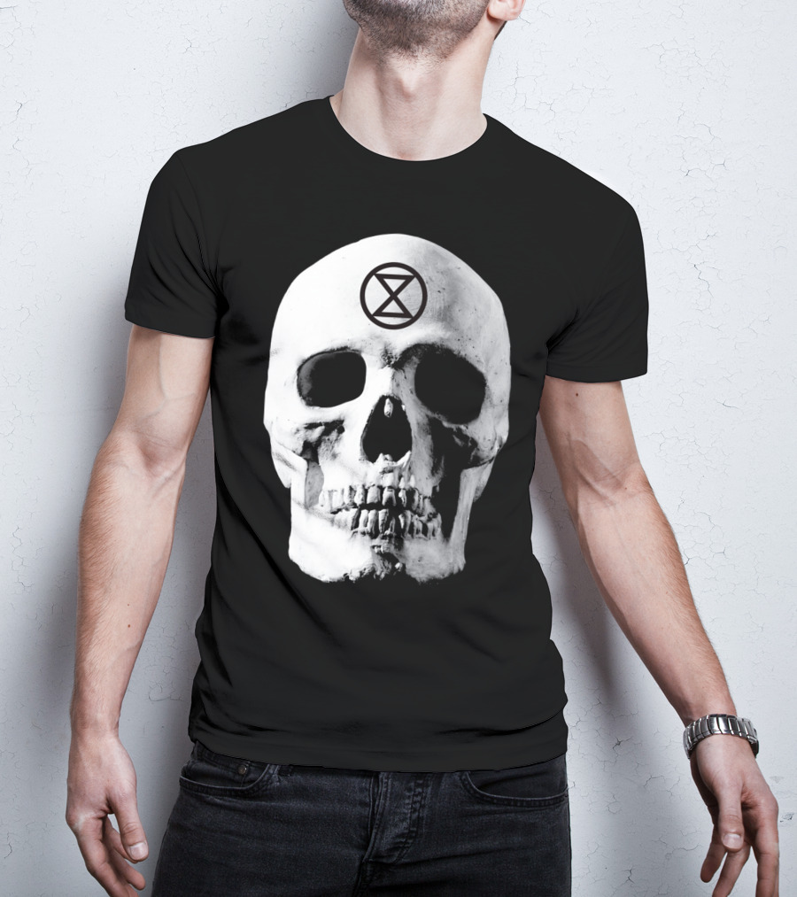 Extinction Rebellion Skull With Hourglass Symbol In Deadly Warning T-Shirt