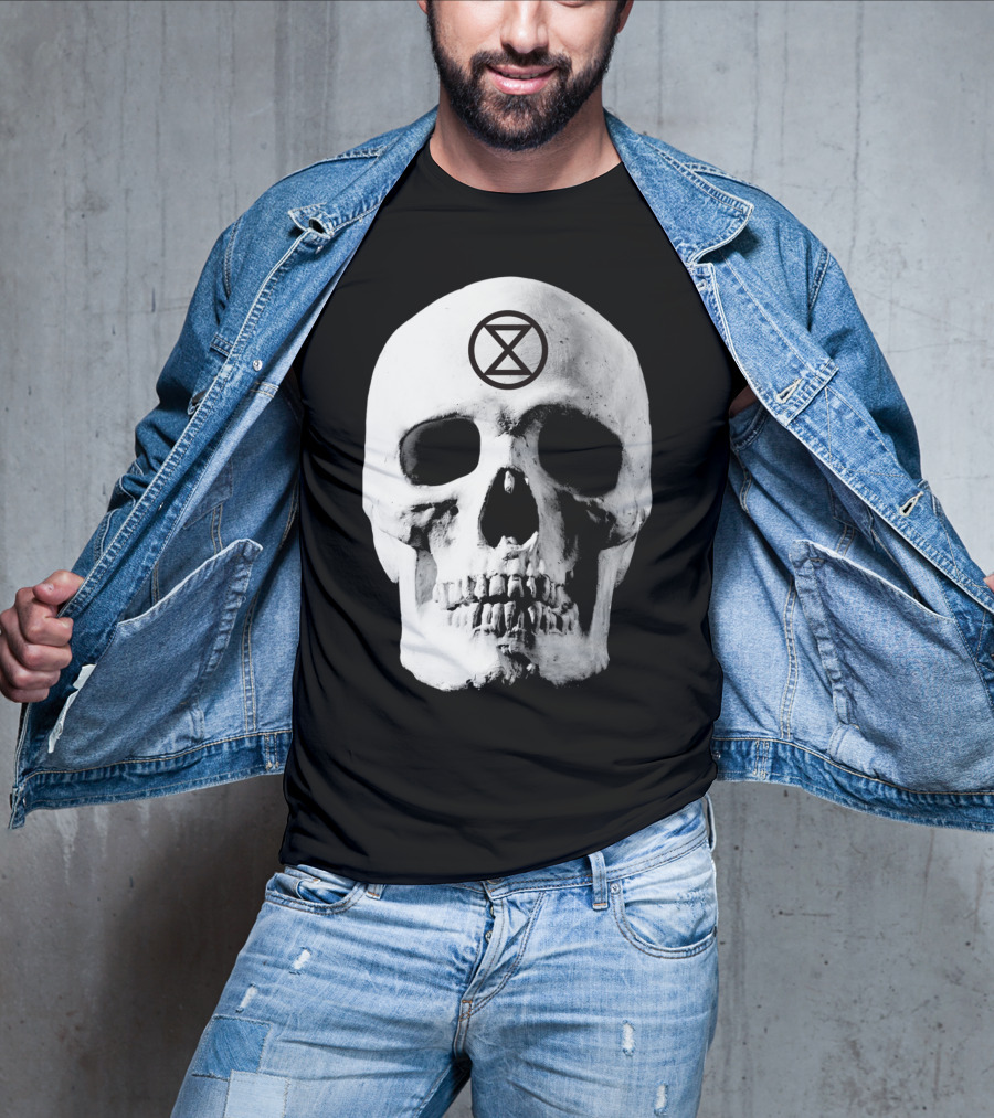 Extinction Rebellion Skull With Hourglass Symbol In Deadly Warning T-Shirt