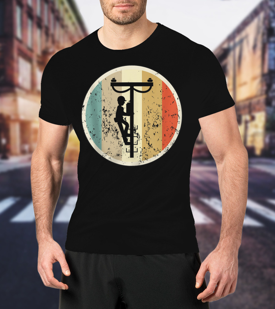 High Voltage Electrician Climbing Power Pole Retro Vintage Electrical T-Shirt
