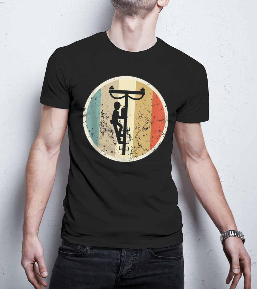 High Voltage Electrician Climbing Power Pole Retro Vintage Electrical T-Shirt