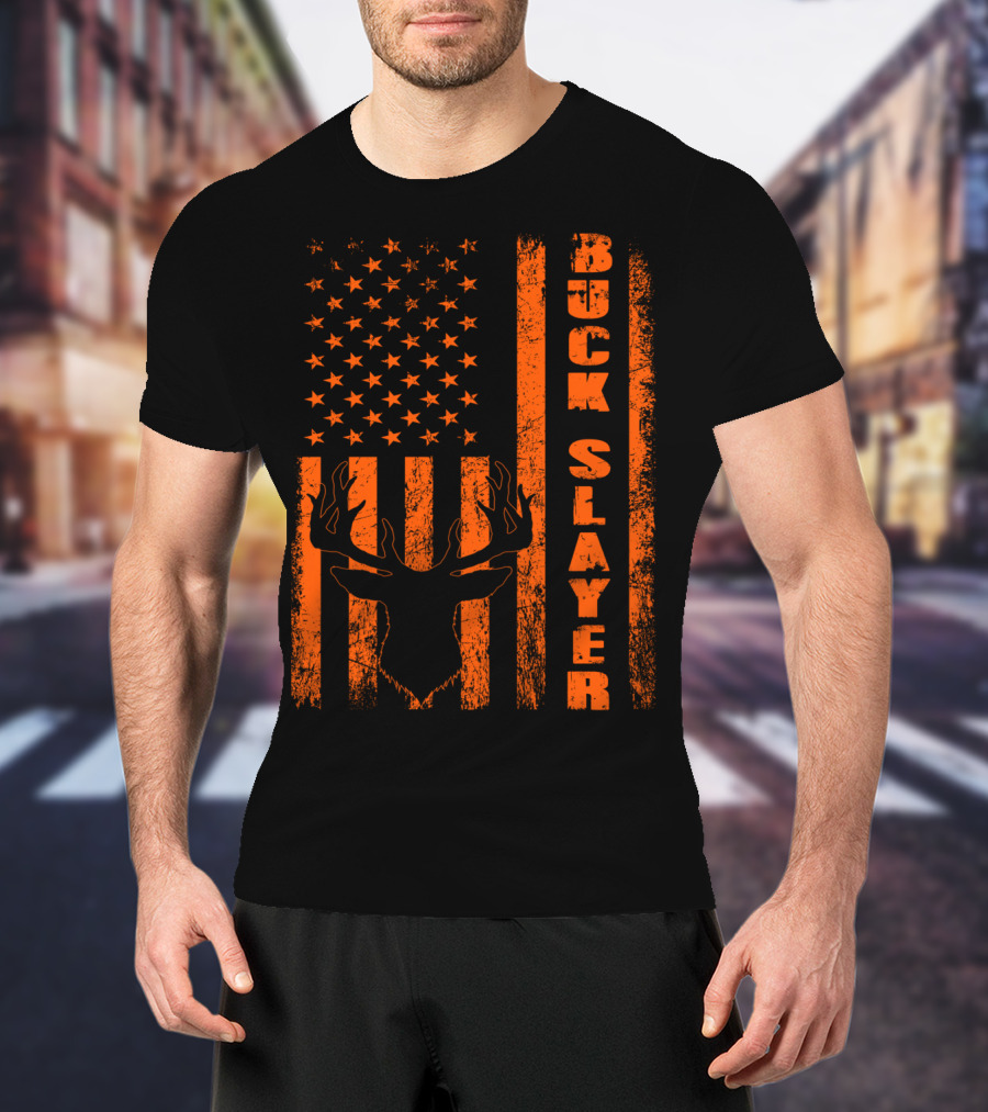 Hunting Blaze Orange Buck Slayer Patriotic Flag Deer T-Shirt