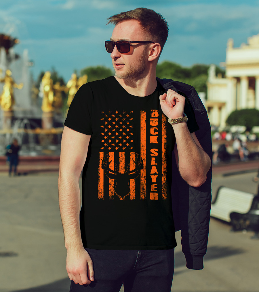 Hunting Blaze Orange Buck Slayer Patriotic Flag Deer T-Shirt