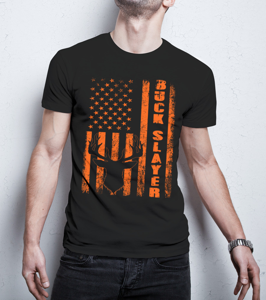 Hunting Blaze Orange Buck Slayer Patriotic Flag Deer T-Shirt