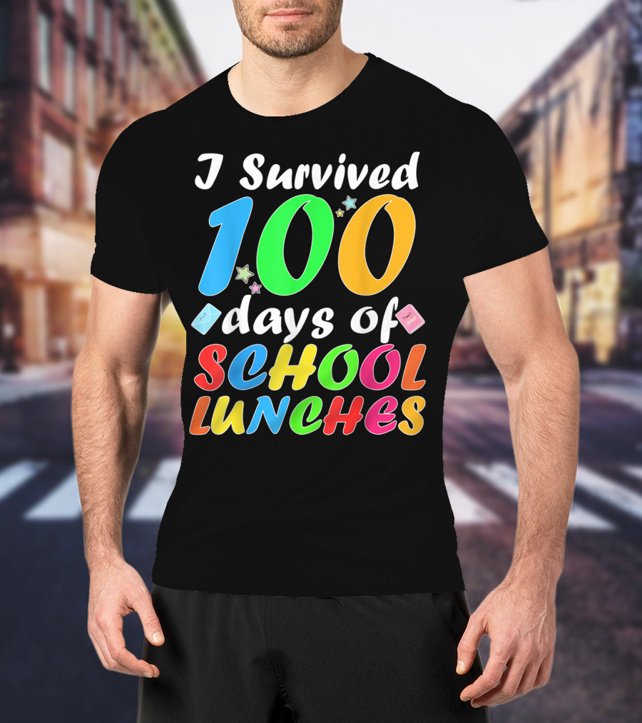 I Survived 100 Days Of School Lunches Colorful Stars And Playful Faces T-Shirt