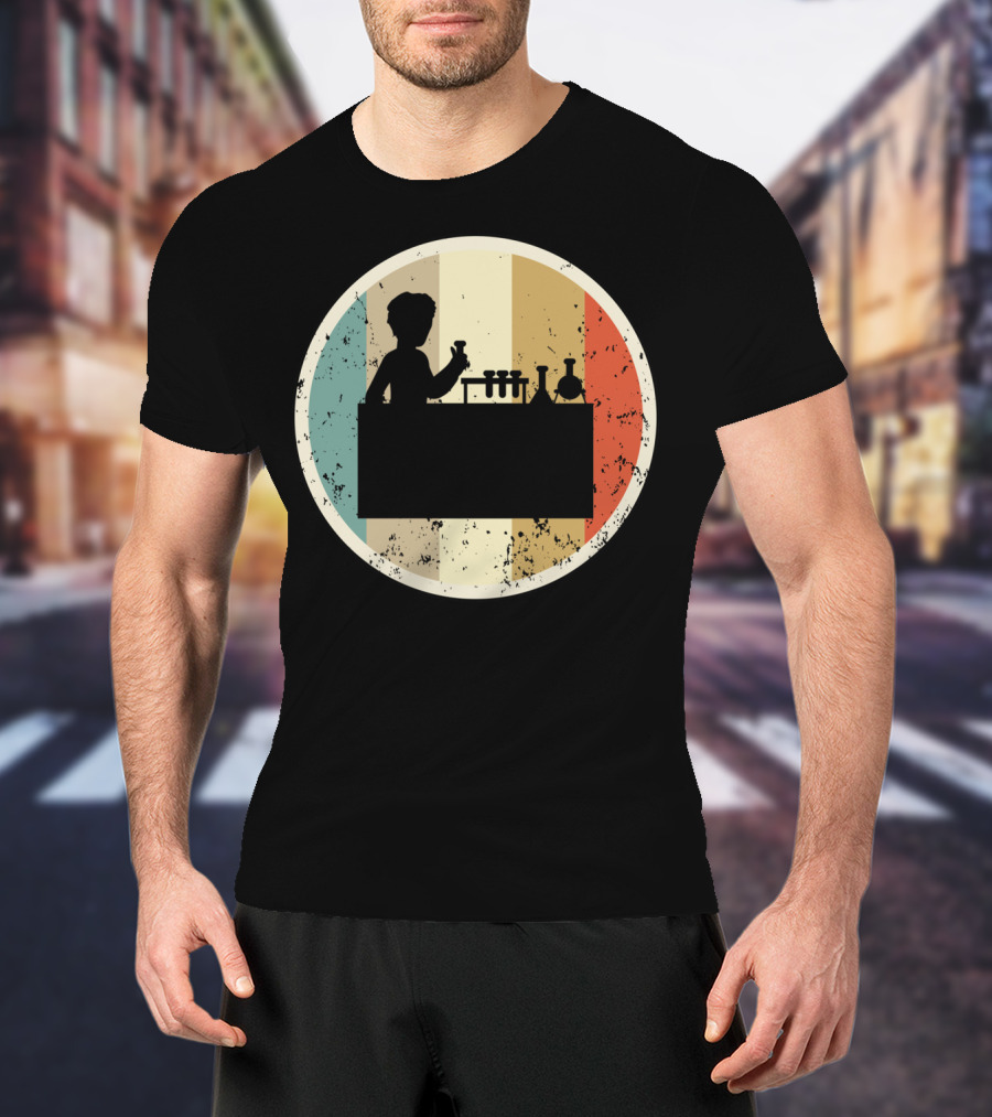 Silhouette Of Laboratory Chemist Technician Science With Retro Stripes T-Shirt