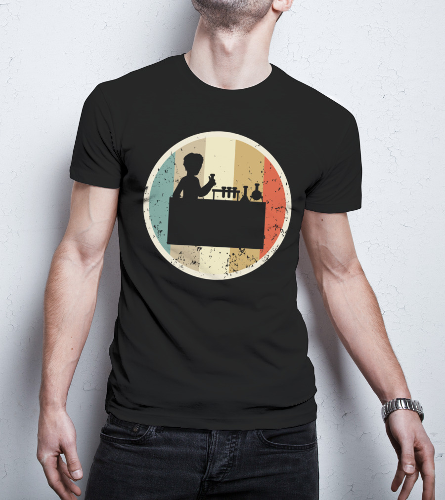 Silhouette Of Laboratory Chemist Technician Science With Retro Stripes T-Shirt