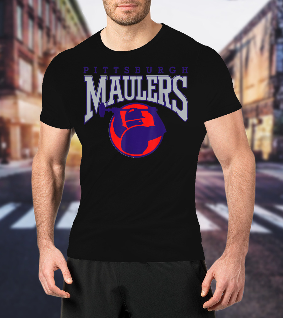 Pittsburgh Maulers Football Team Logo With Hammer Icon In Blue And Red T-Shirt